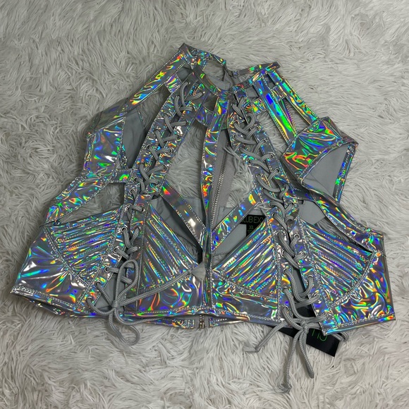 💔SOLD💔 CLUB EXX Rude Awakening Holographic Lace Up Harness Rave Bra Top Silver - Picture 5 of 11